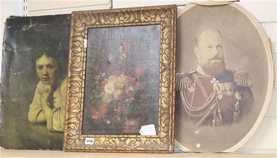 I* F* I* (19th century), oileograph, Floral spray, signed and monogram, 38 x 28cm, After Greuze,